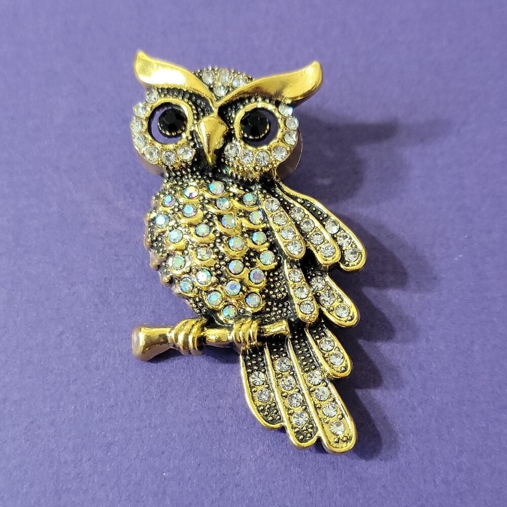 Vintage Style Gold-Tone Owl Brooch, Pave Rhinestones & Black Cabochon Eyes